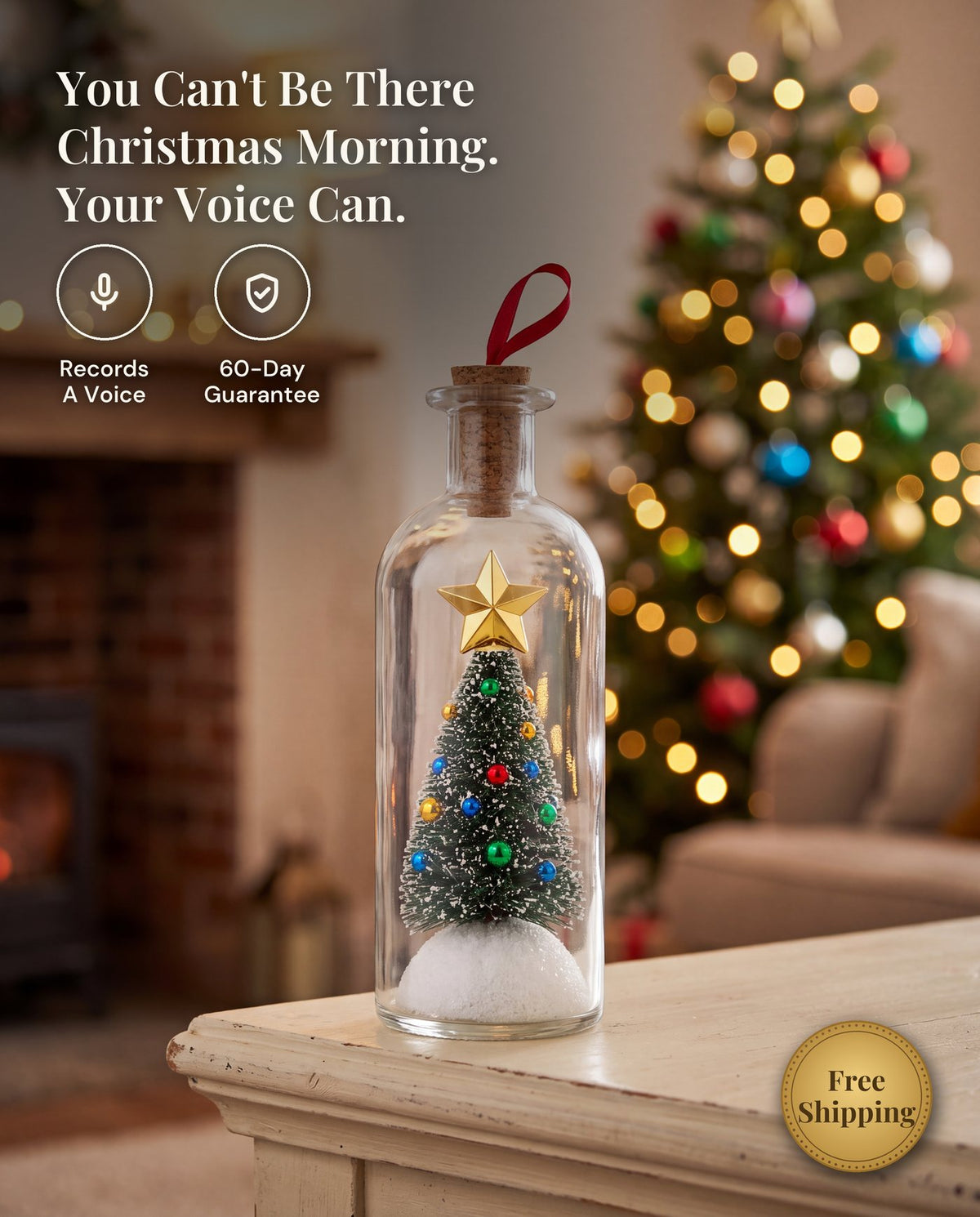 A clear glass bottle with a cork and a red ribbon loop, a small snowy Christmas tree inside, on a side table beside a lit tree.
