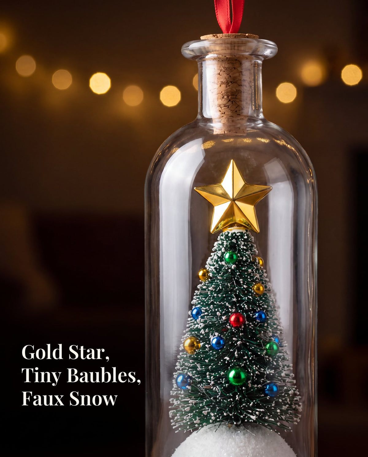Close-up through the glass: a frosted bottle-brush tree with a gold star and tiny red, blue, green and gold baubles on white faux snow.