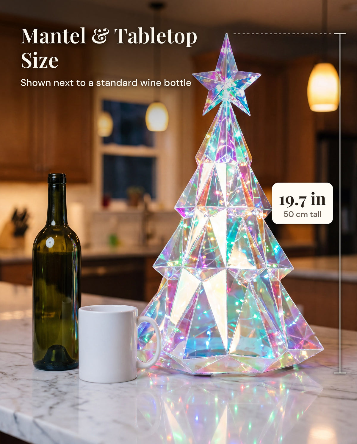 The 19.7-inch tree beside a wine bottle and a mug for scale