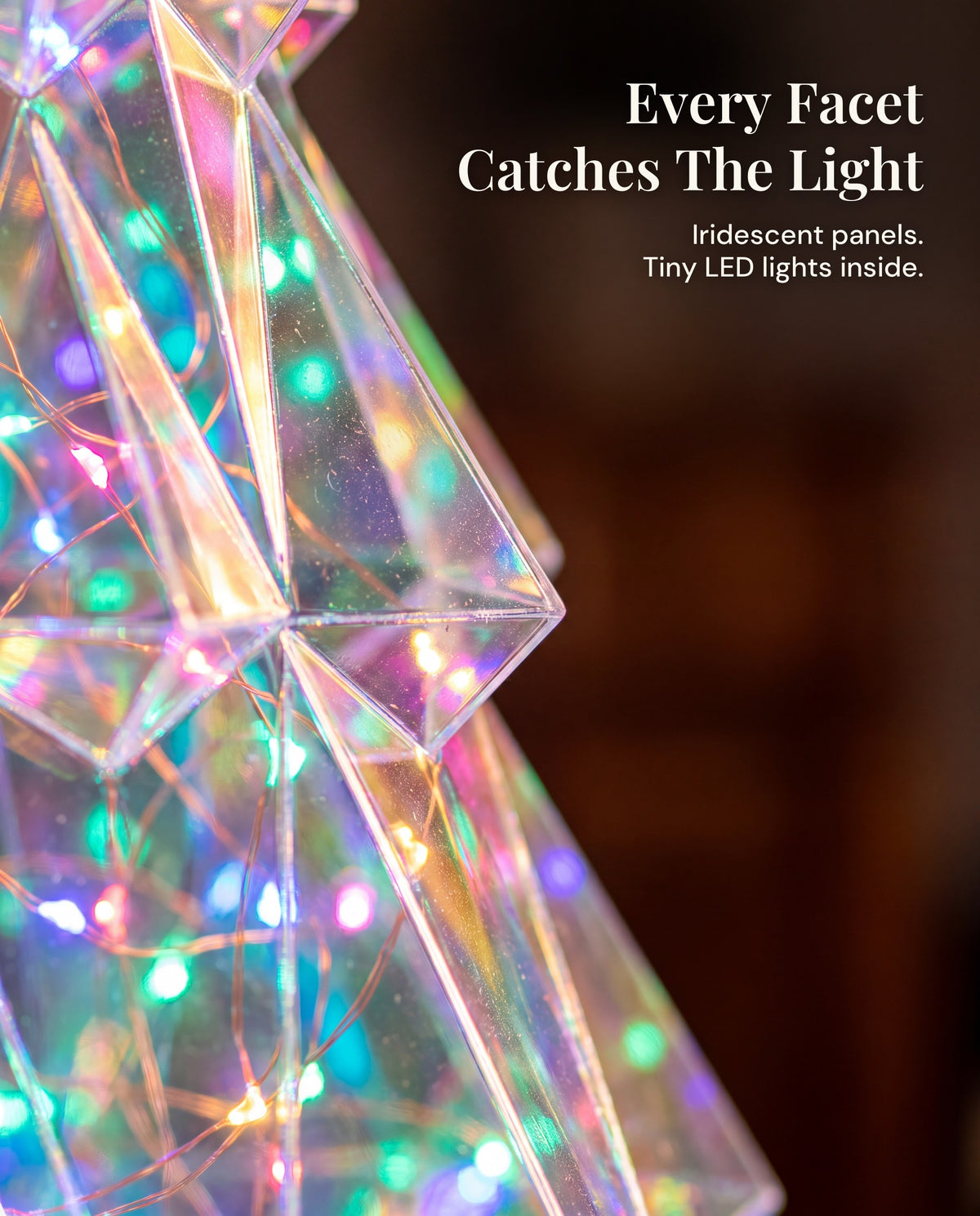 Close-up of the iridescent faceted panels and tiny LED lights