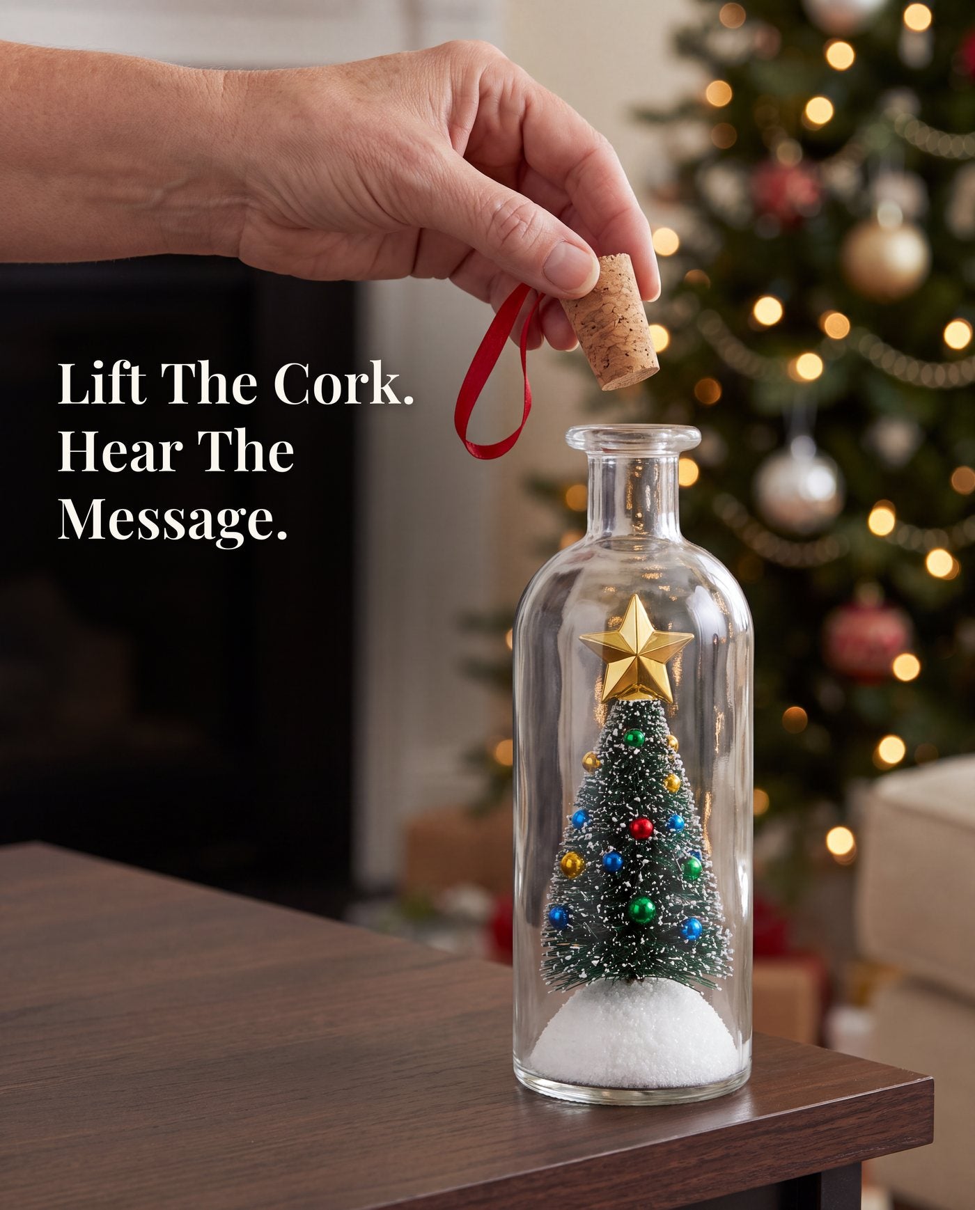 A hand lifting the cork out of the bottle, holding it just above the open neck, by a lit Christmas tree.
