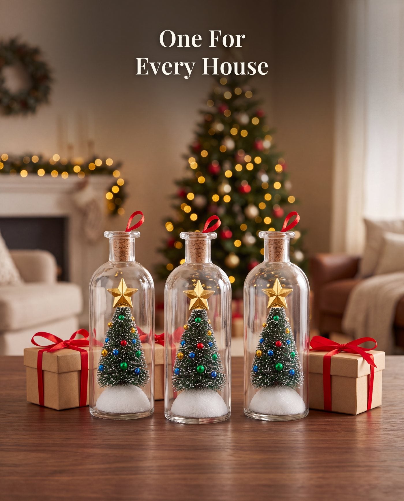 Three bottles in a row on a walnut table with small kraft gift boxes tied with red ribbon, a lit tree and a mantel behind.