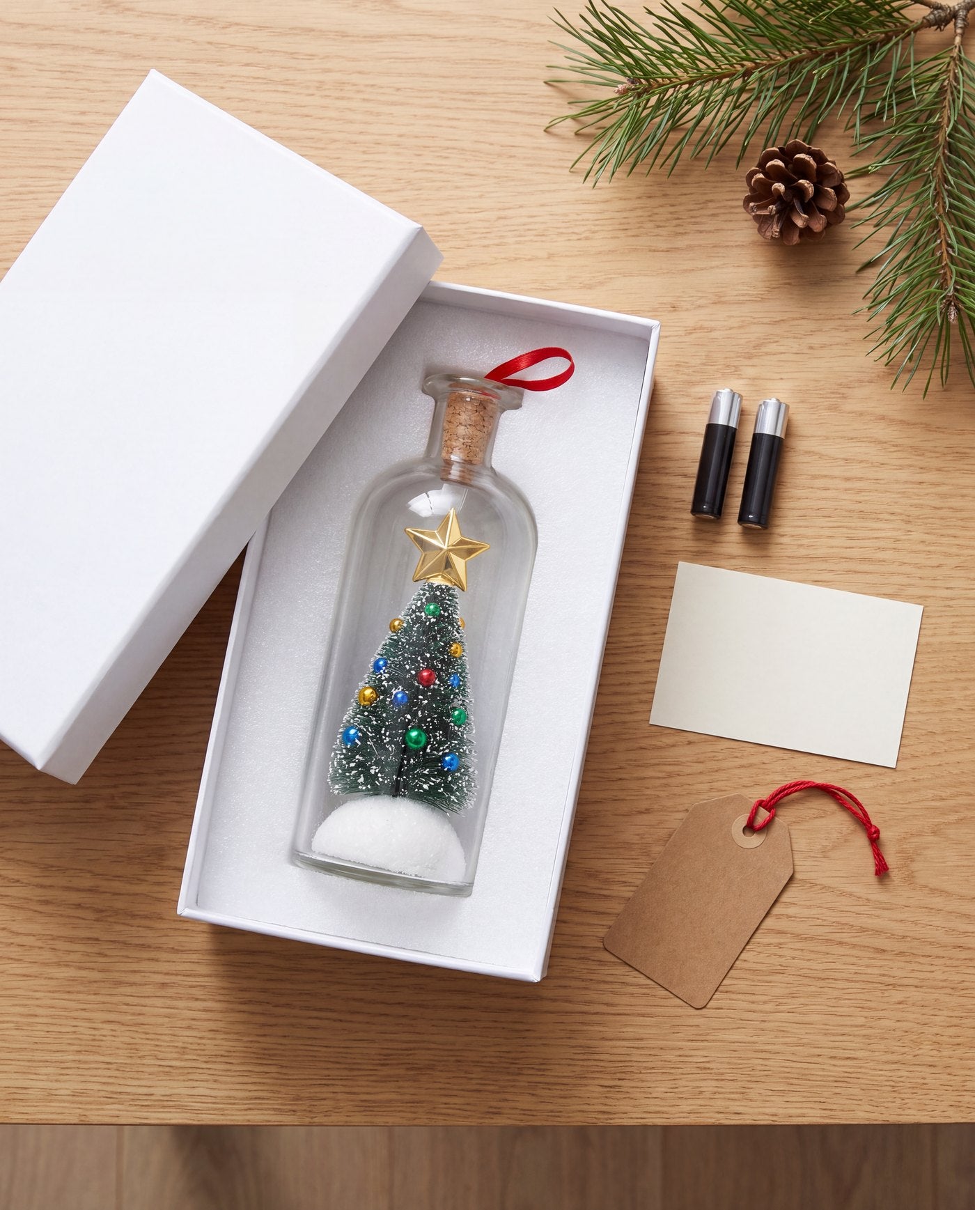 The bottle lying in an open white padded box, with two AAA batteries, a blank card and a kraft tag beside it.