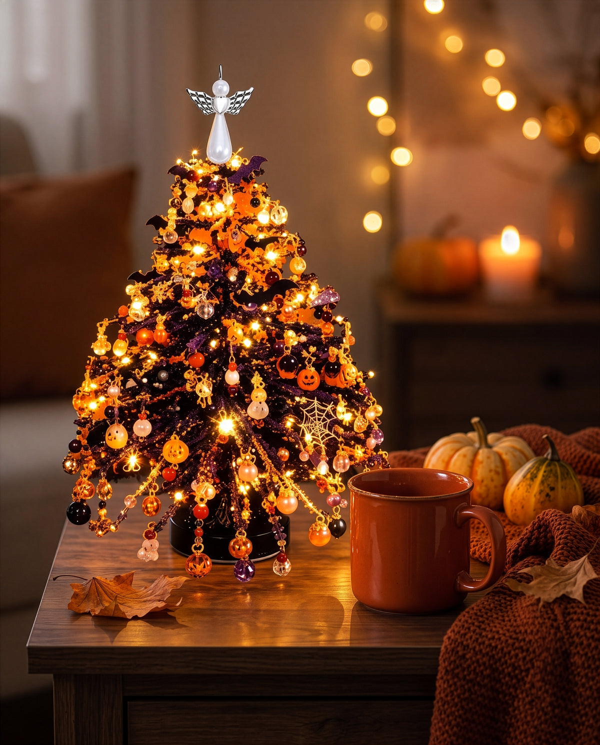Halloween edition: the Halloween tree, lit, on a side table