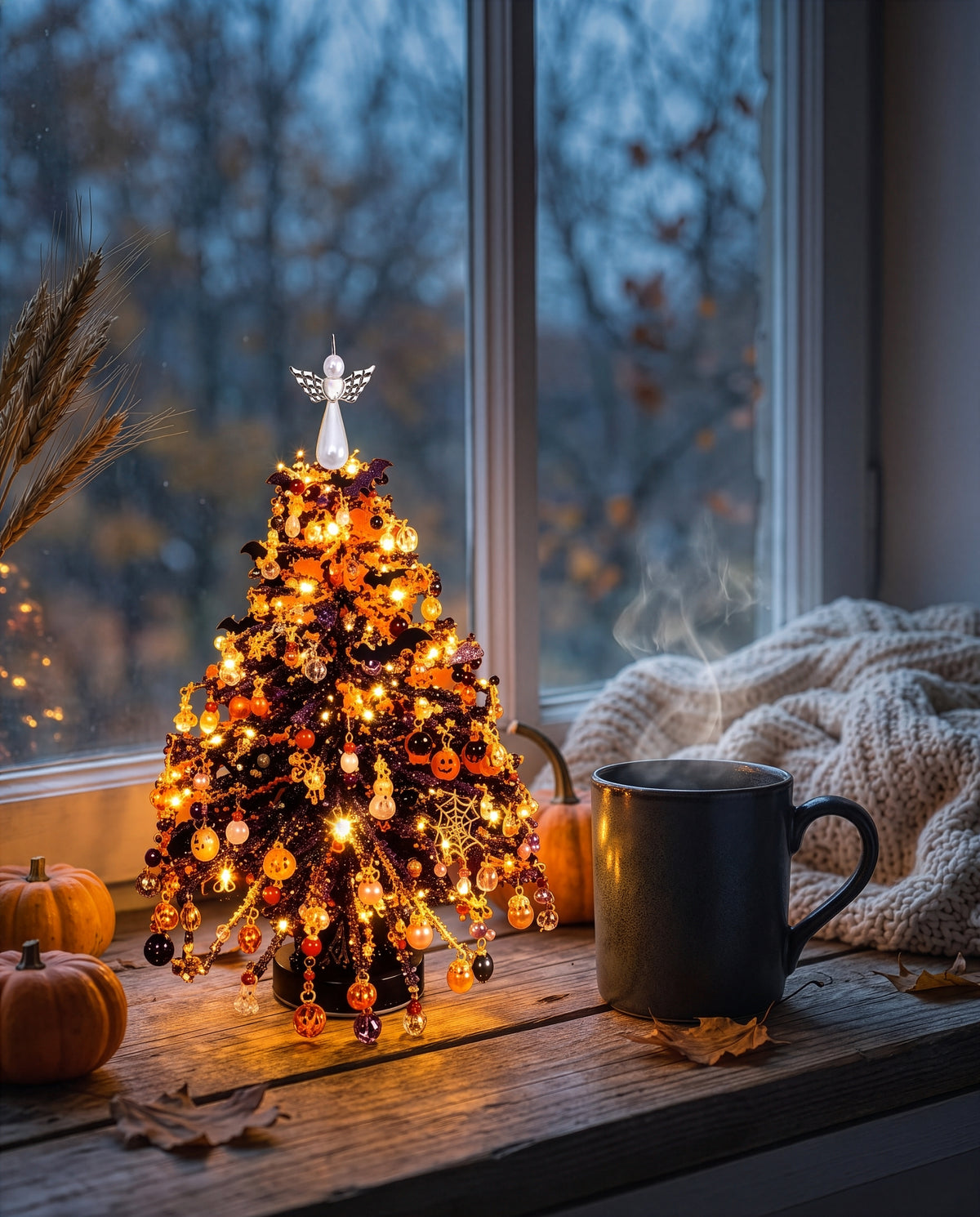 Halloween edition: the lit Halloween tree on a windowsill beside a steaming mug
