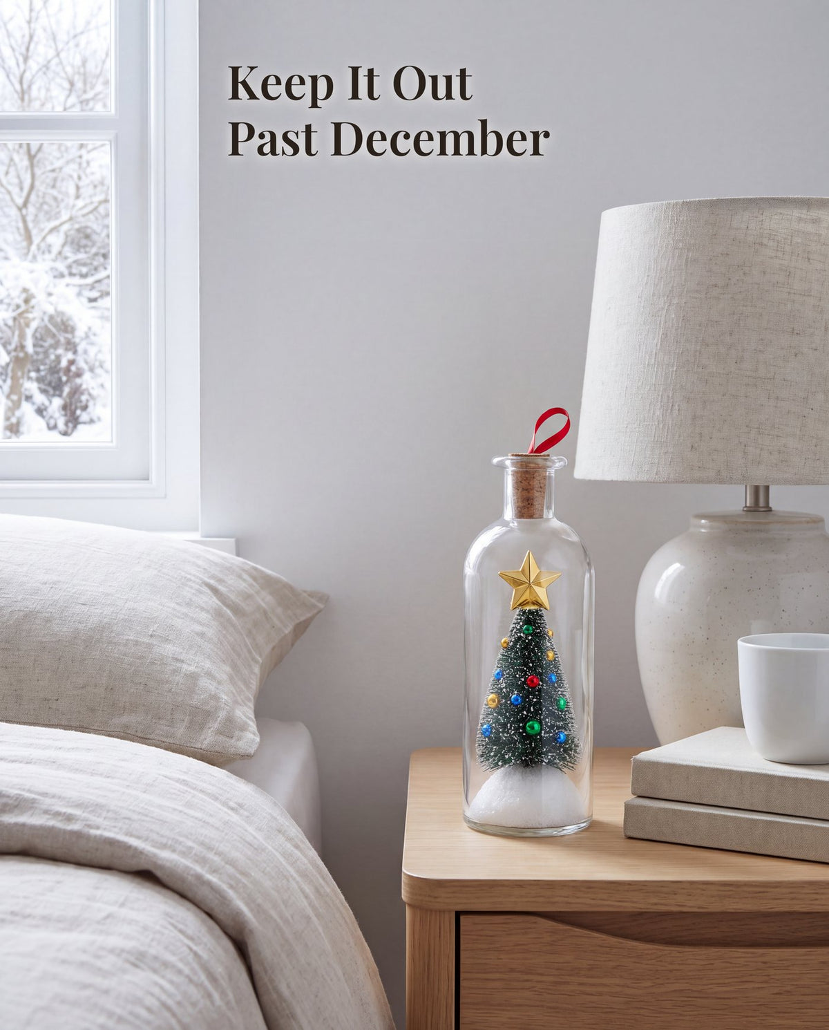 The bottle on a bedroom nightstand in January, beside a lamp, two books and a cup, with bare snowy branches outside.