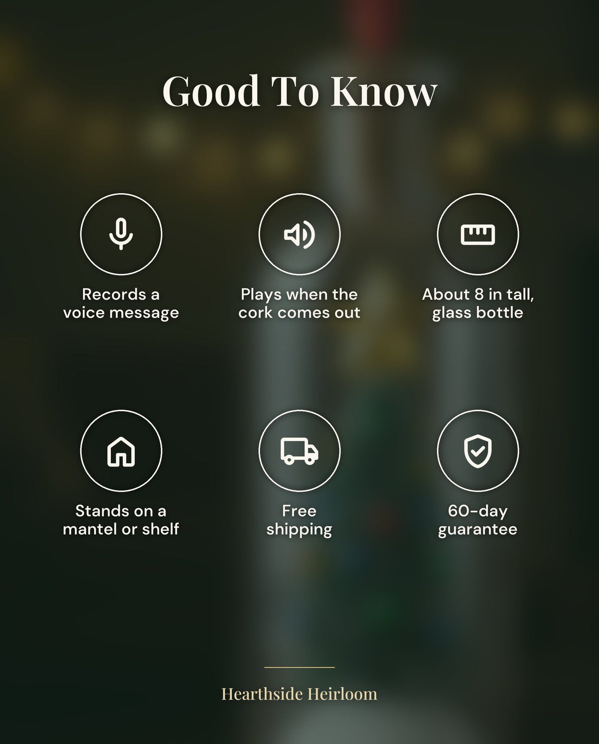 Summary card with six icons: records a voice message, plays when the cork comes out, about 8 inches tall and glass, stands on a mantel or shelf, free shipping, 60-day guarantee.
