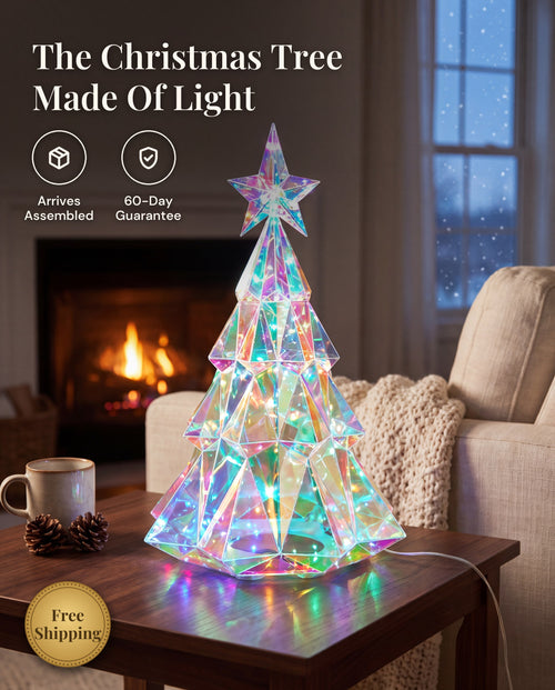 The Prism Tree lit on a side table in a cozy living room