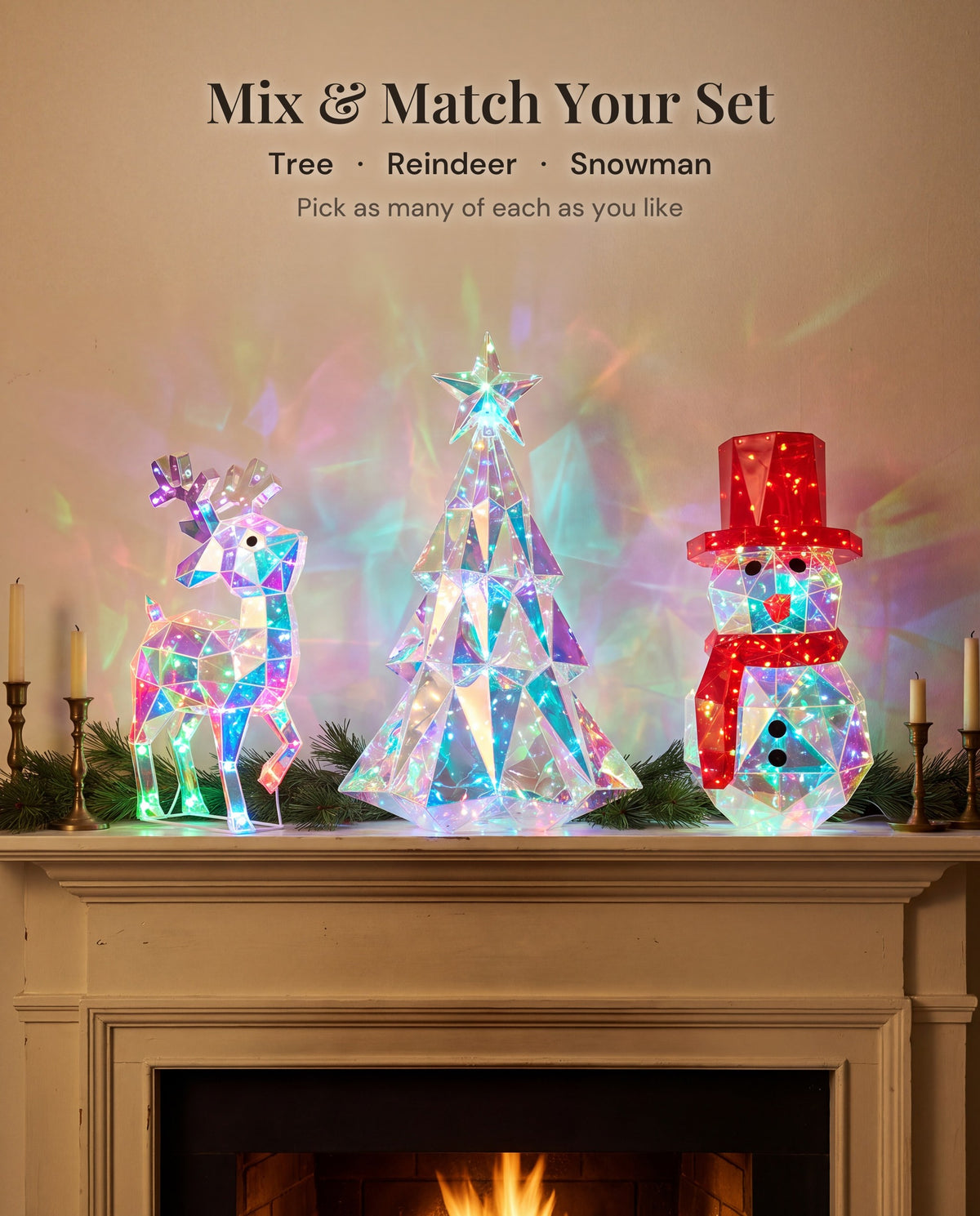 Reindeer, tree and snowman lit together on a fireplace mantel