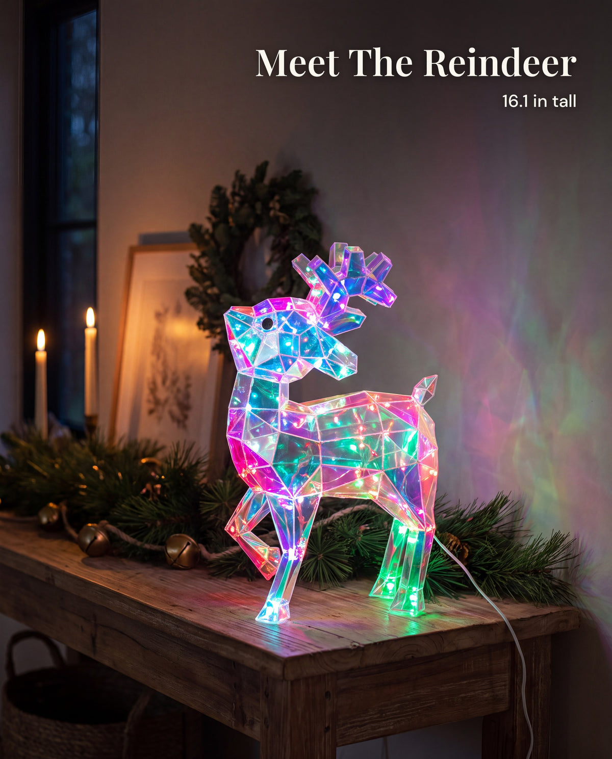 The reindeer figure lit on a console table