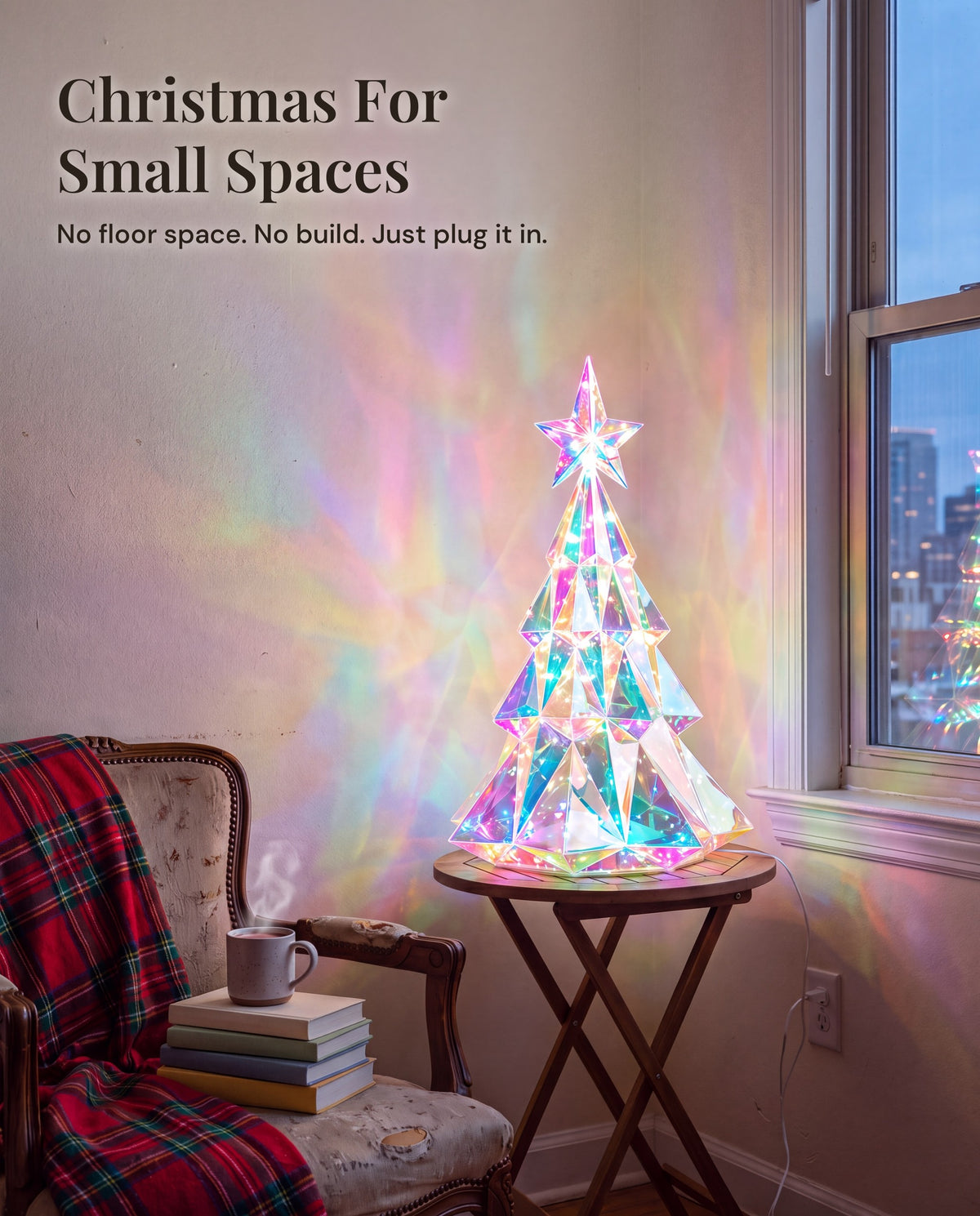 The tree lit on a small table in an apartment corner