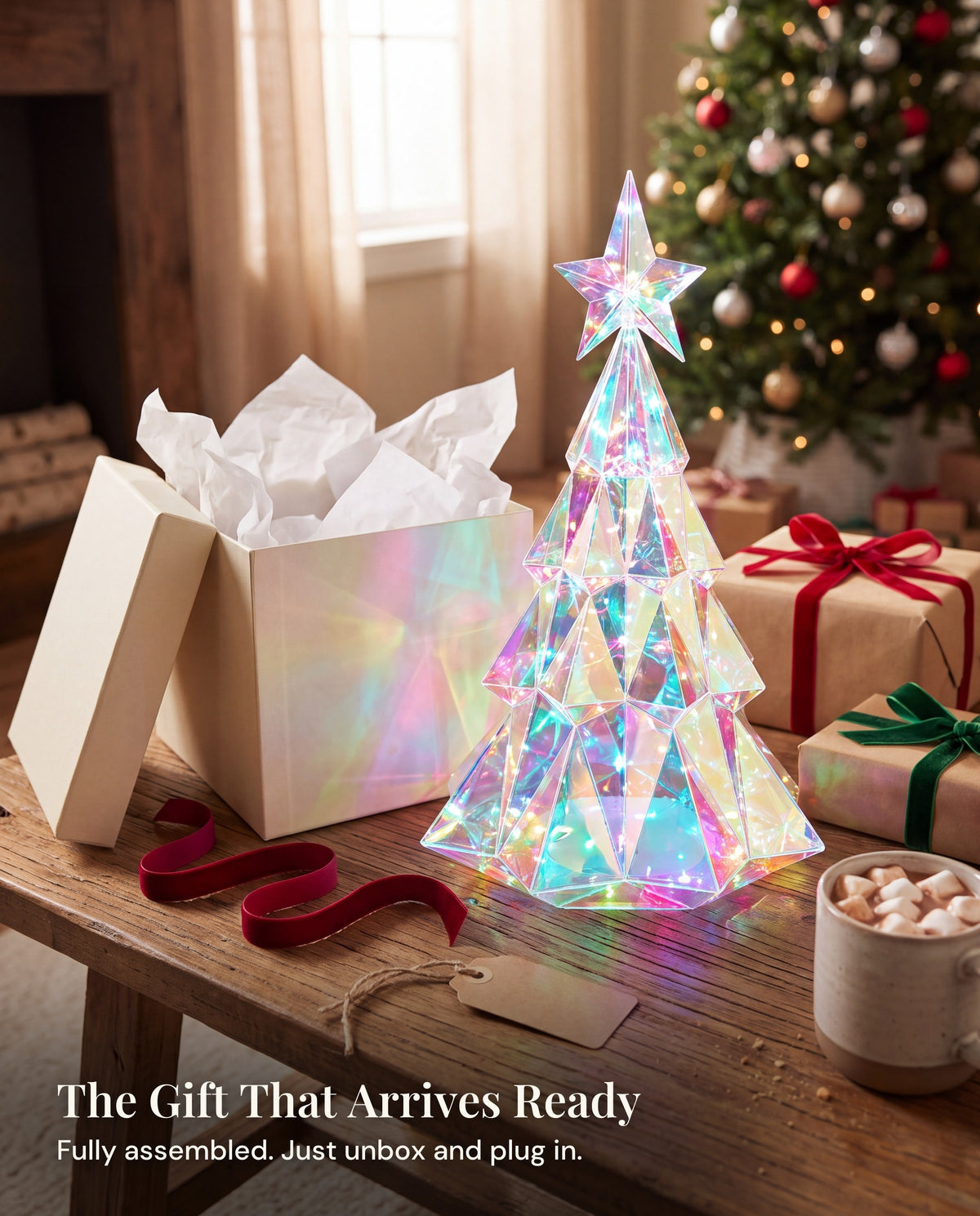 The tree beside an opened gift box on Christmas morning