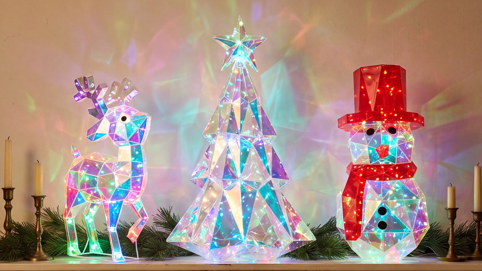 Reindeer, tree and snowman lit together on a mantel