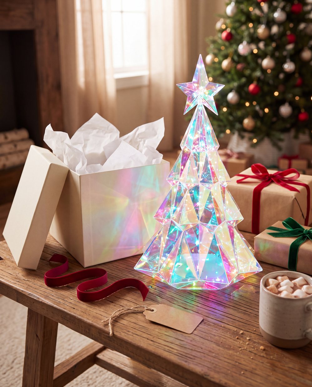 The tree lit beside an opened gift box on Christmas morning