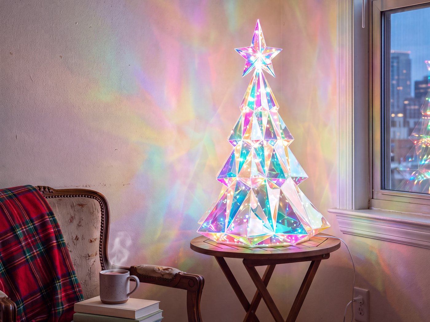 The tree lit on a small table in the corner of an apartment